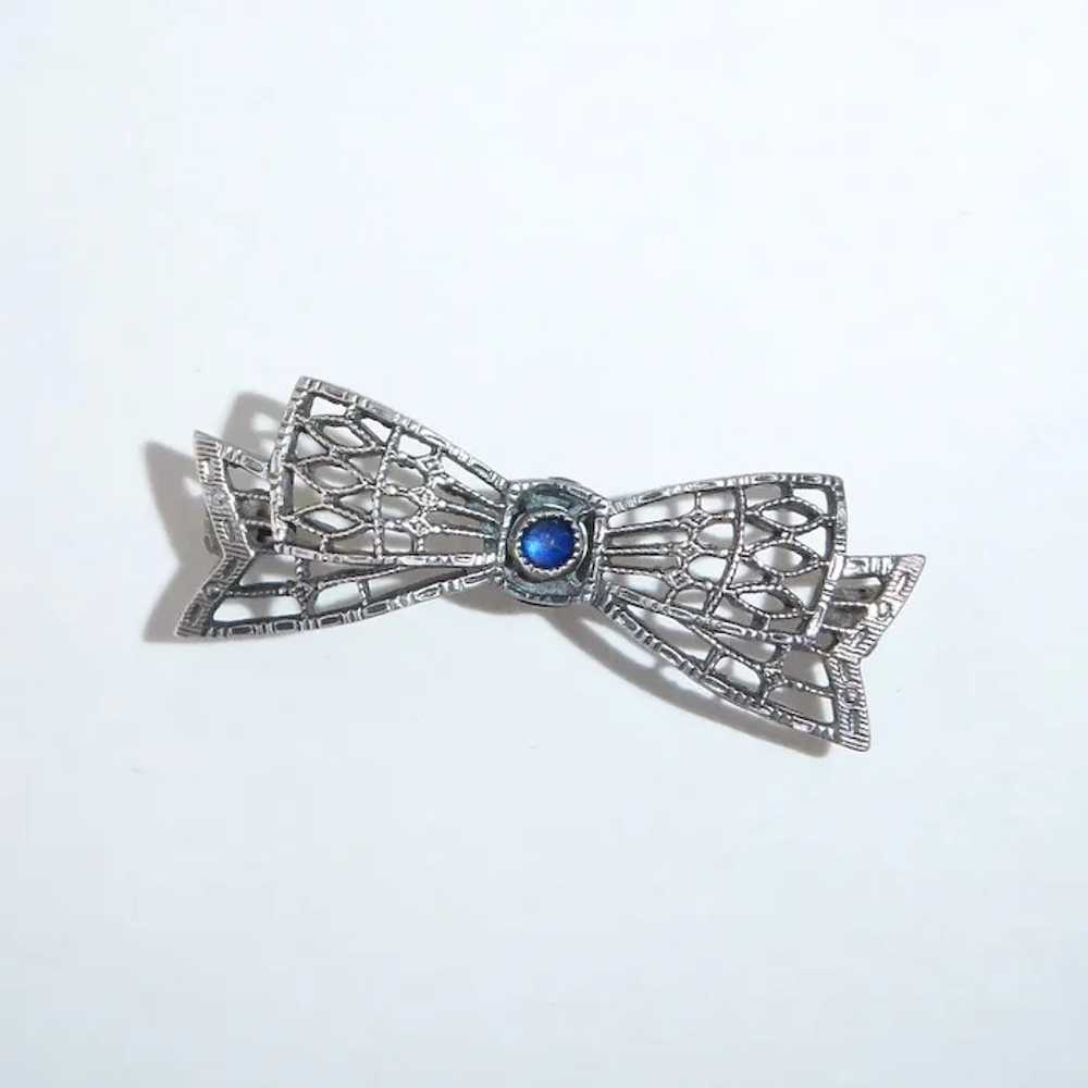 Sterling Filigree Petite Bow Lace Pin w Blue Jewel - image 6