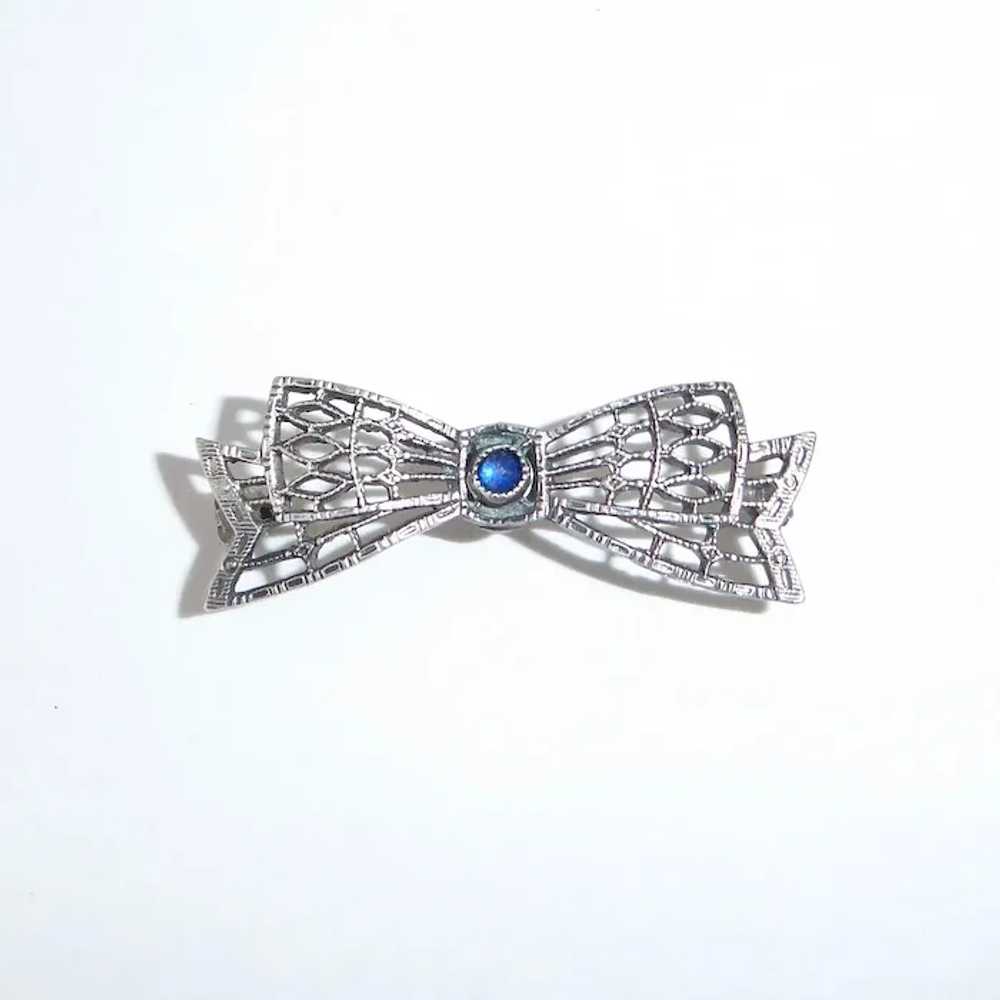 Sterling Filigree Petite Bow Lace Pin w Blue Jewel - image 7