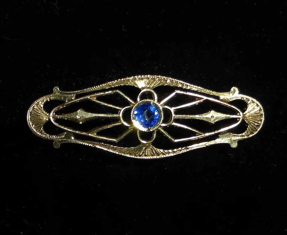 Antique Edwardian 10k Blue Jewel Filigree Lace Pin - image 2