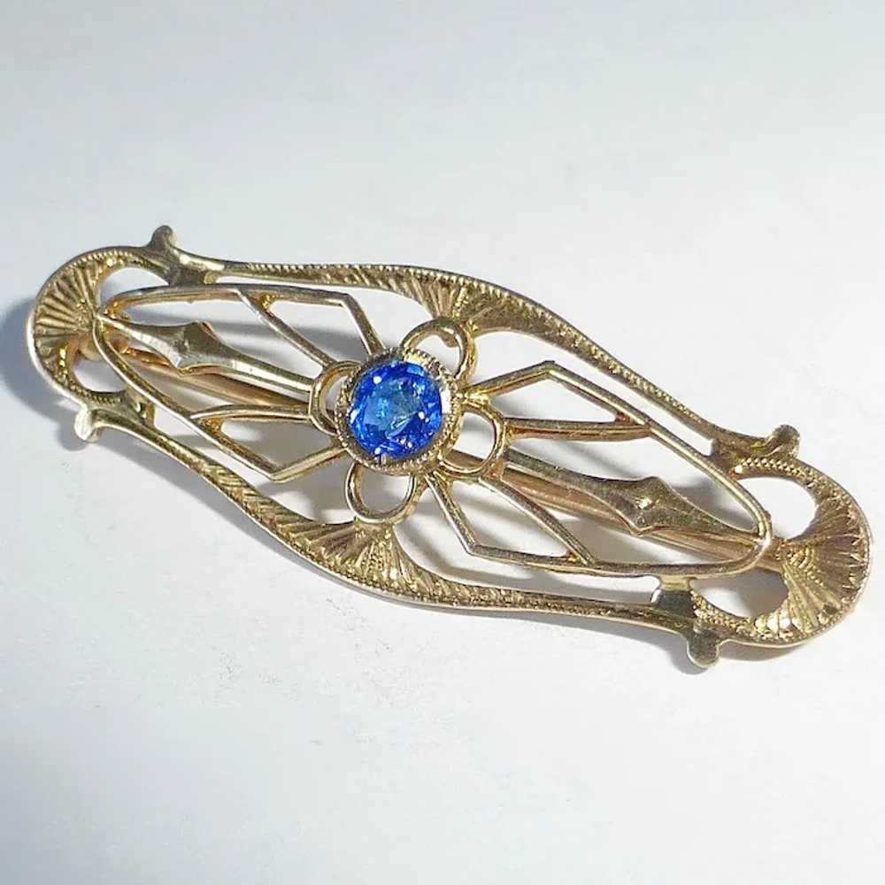 Antique Edwardian 10k Blue Jewel Filigree Lace Pin - image 3