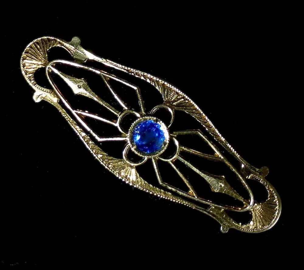 Antique Edwardian 10k Blue Jewel Filigree Lace Pin - image 9