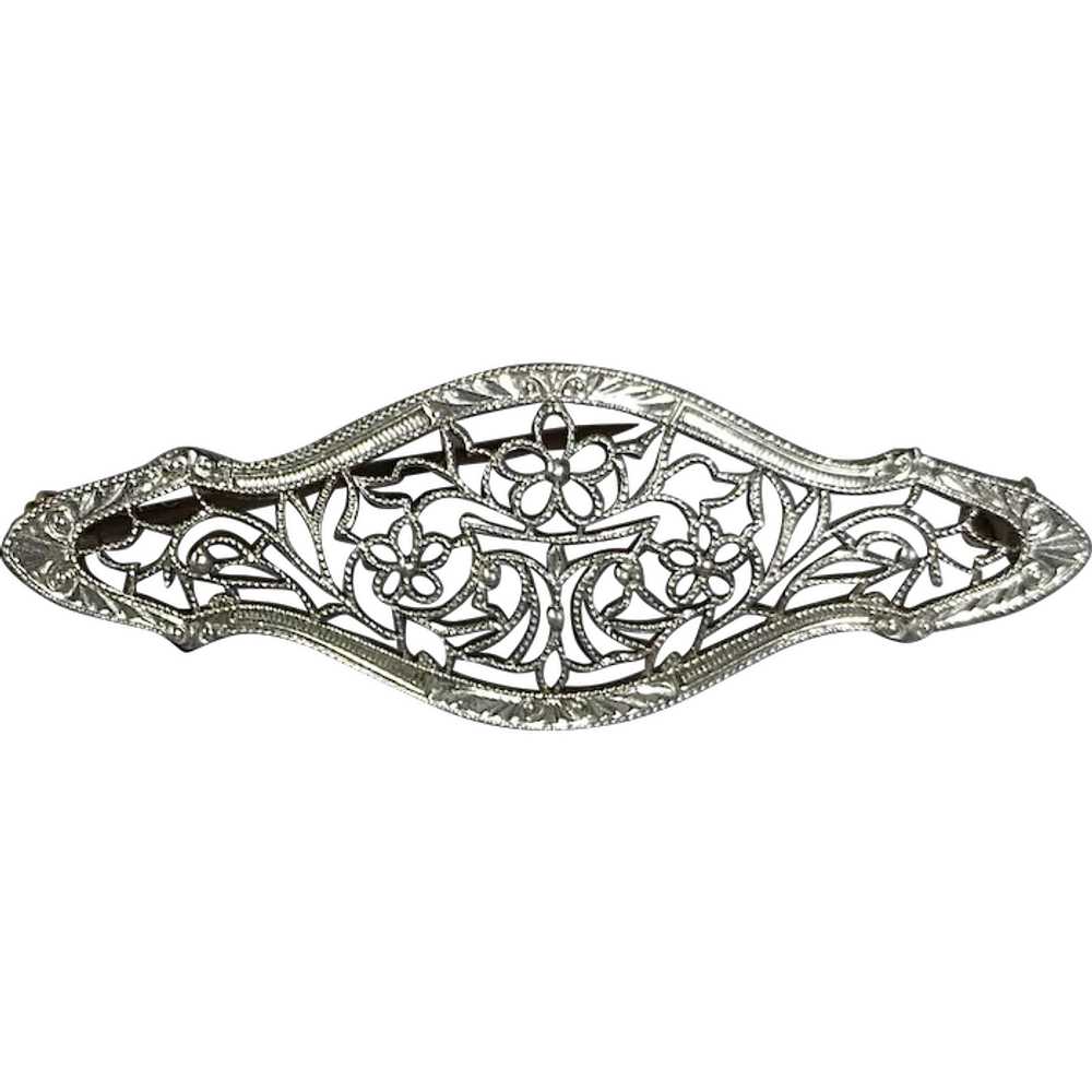 14k Art Deco White Gold Floral Filigree Pin - image 1