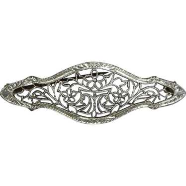 14k Art Deco White Gold Floral Filigree Pin - image 1