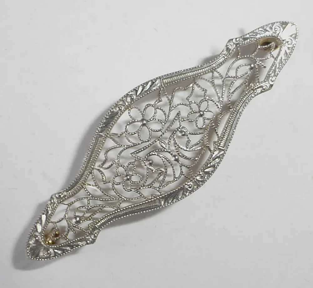 14k Art Deco White Gold Floral Filigree Pin - image 2