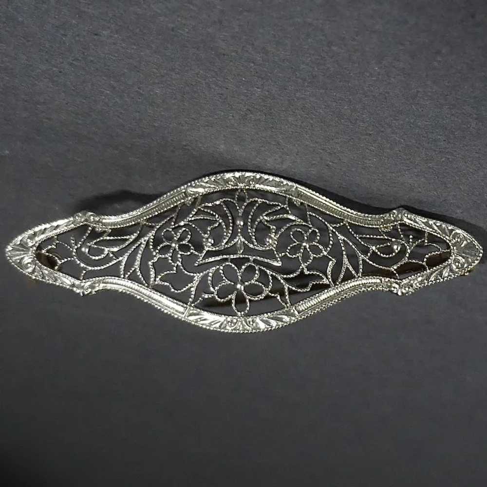14k Art Deco White Gold Floral Filigree Pin - image 3