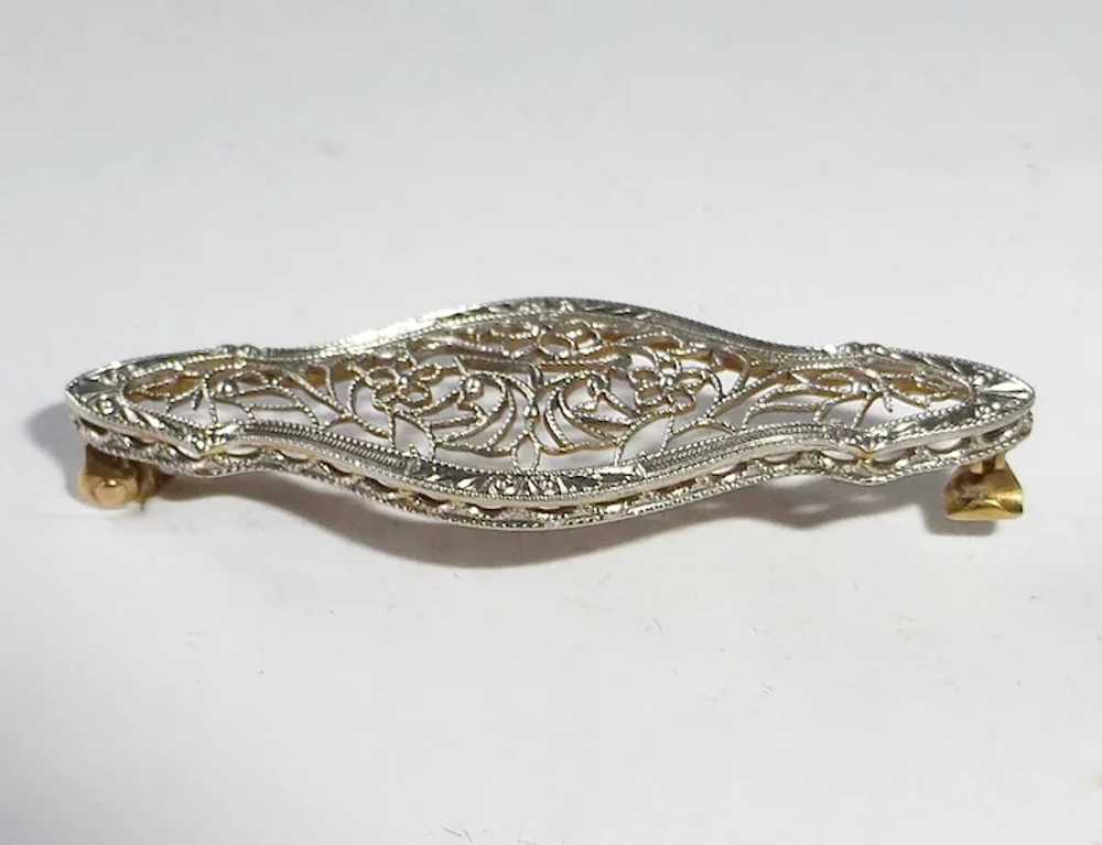 14k Art Deco White Gold Floral Filigree Pin - image 4