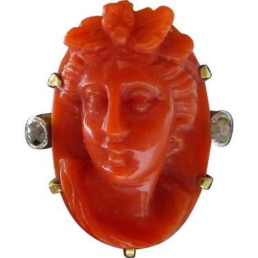 18k Antique Coral Cameo RIng Mine Cut Diamond Acc… - image 1