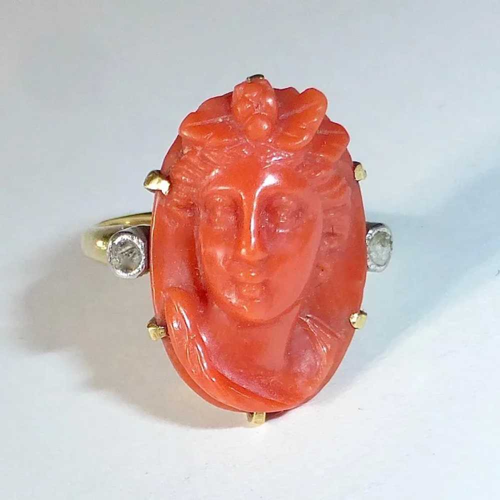 18k Antique Coral Cameo RIng Mine Cut Diamond Acc… - image 2