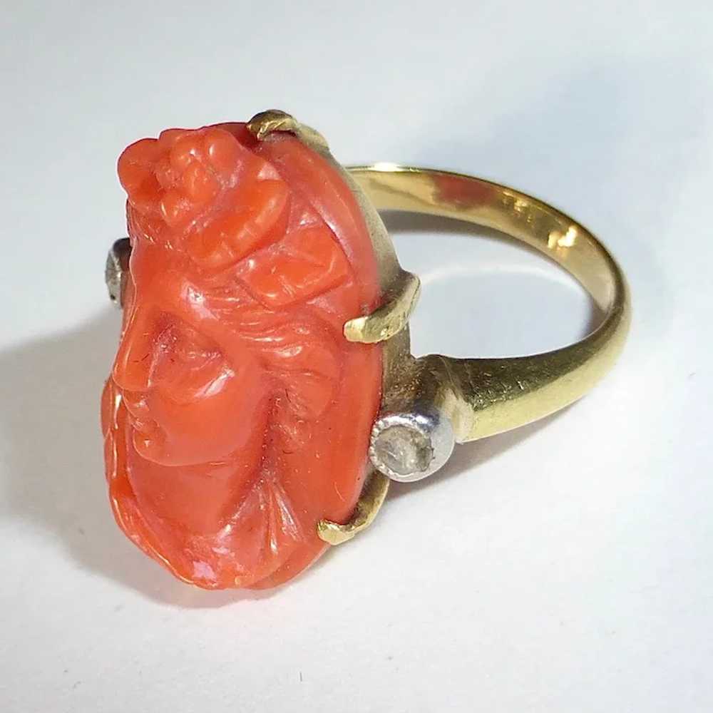 18k Antique Coral Cameo RIng Mine Cut Diamond Acc… - image 3