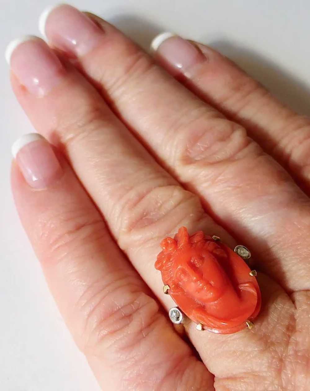 18k Antique Coral Cameo RIng Mine Cut Diamond Acc… - image 4