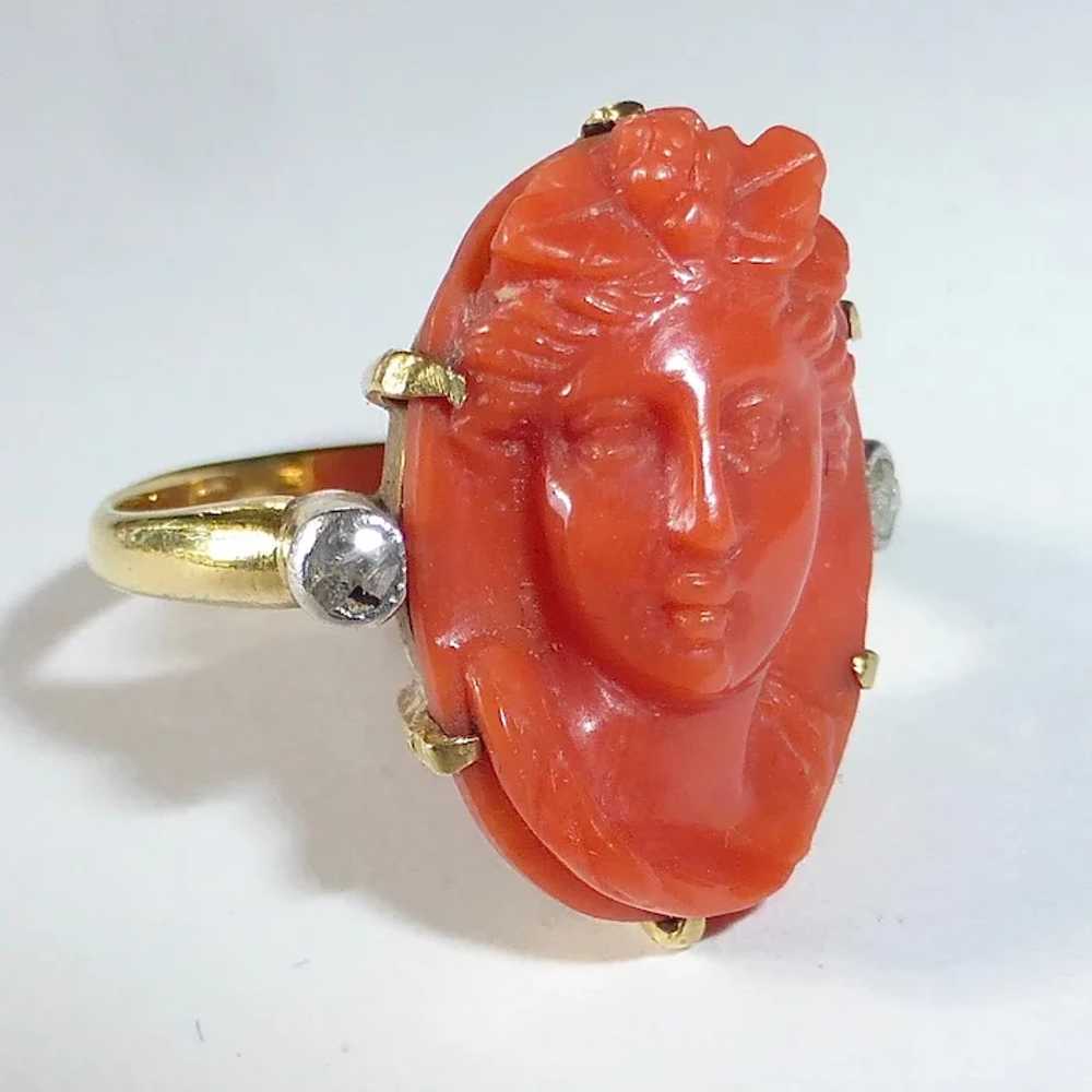 18k Antique Coral Cameo RIng Mine Cut Diamond Acc… - image 5