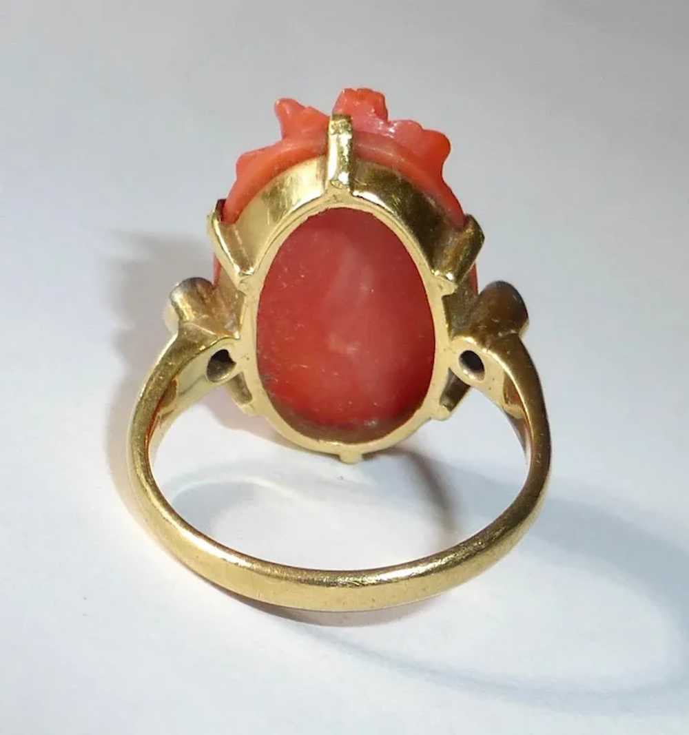 18k Antique Coral Cameo RIng Mine Cut Diamond Acc… - image 6