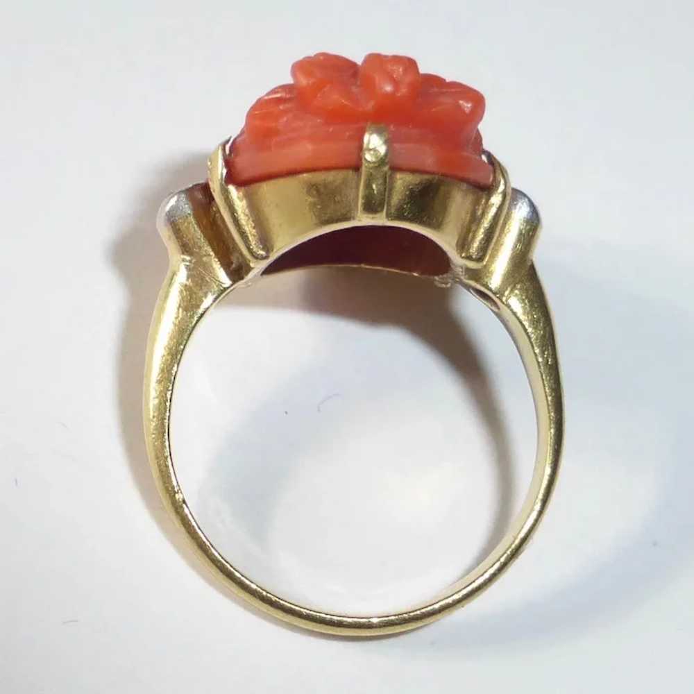 18k Antique Coral Cameo RIng Mine Cut Diamond Acc… - image 7