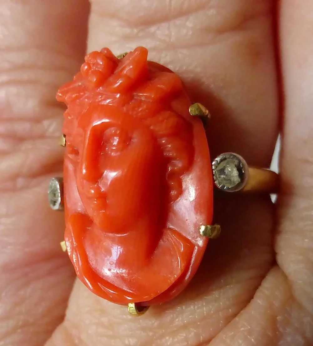 18k Antique Coral Cameo RIng Mine Cut Diamond Acc… - image 8