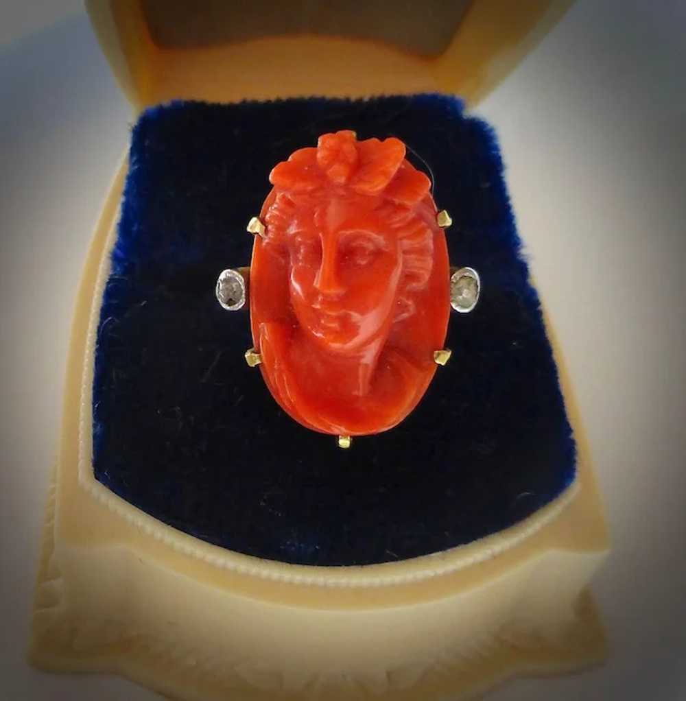 18k Antique Coral Cameo RIng Mine Cut Diamond Acc… - image 9