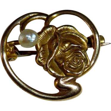 Antique Victorian Art Nouveau 10k Floral Rose Pin - image 1