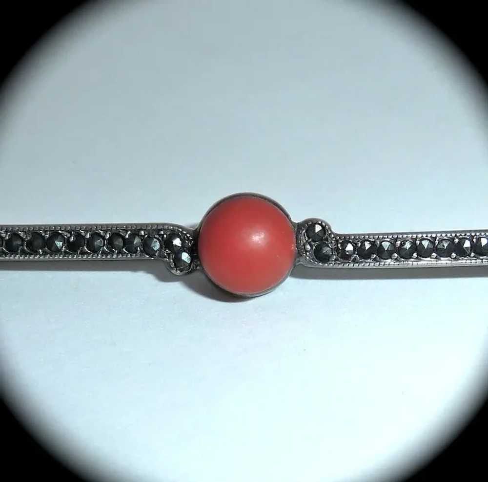 Art Deco 835 Silver Marcasite Coral Bar Pin - image 2