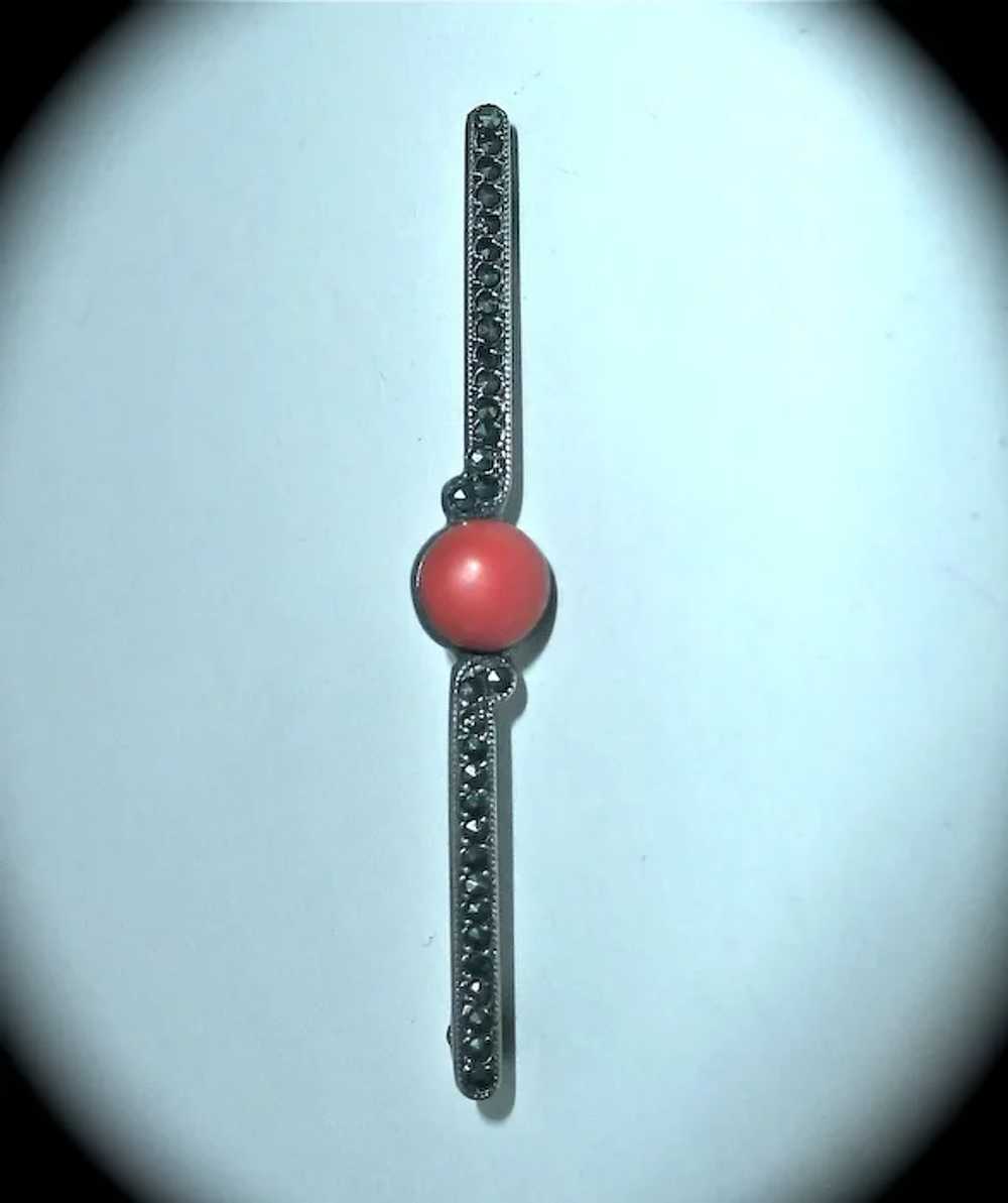 Art Deco 835 Silver Marcasite Coral Bar Pin - image 3