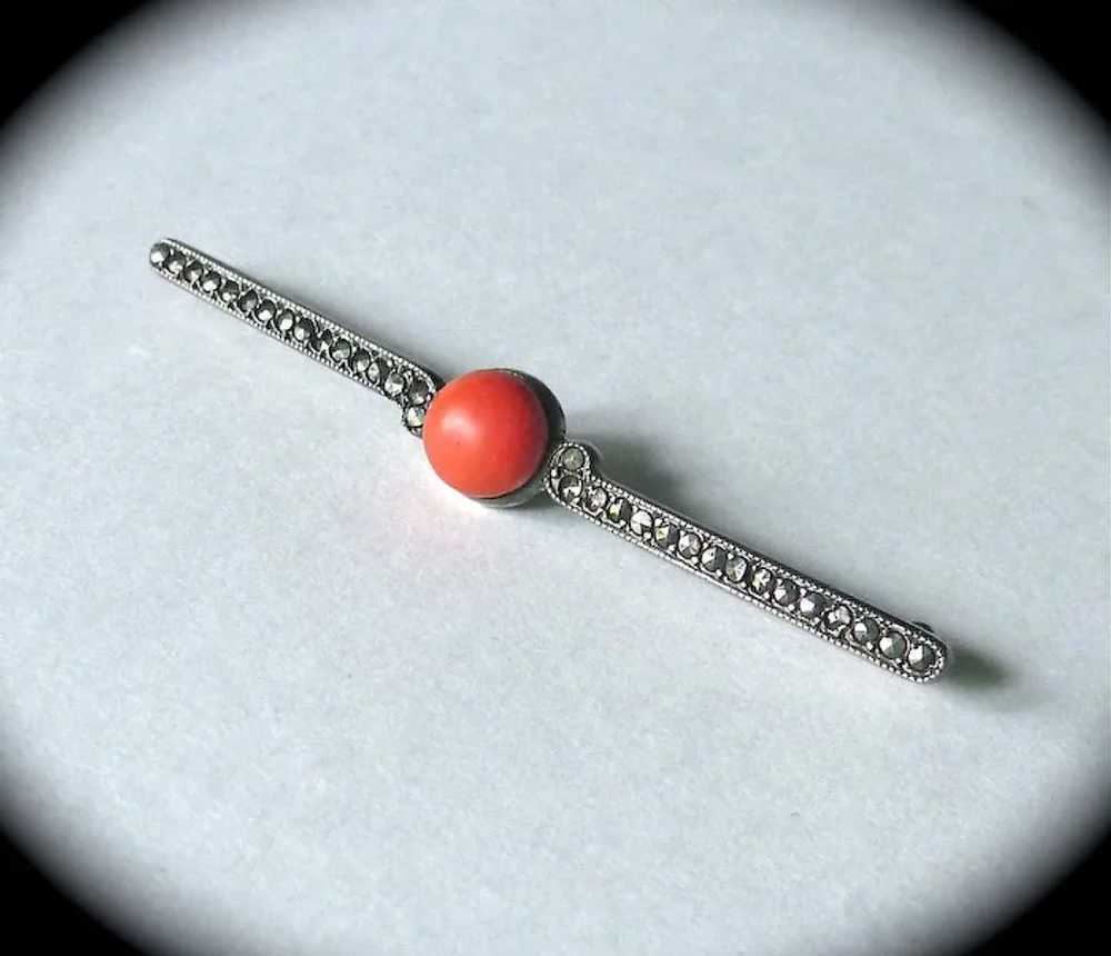 Art Deco 835 Silver Marcasite Coral Bar Pin - image 4