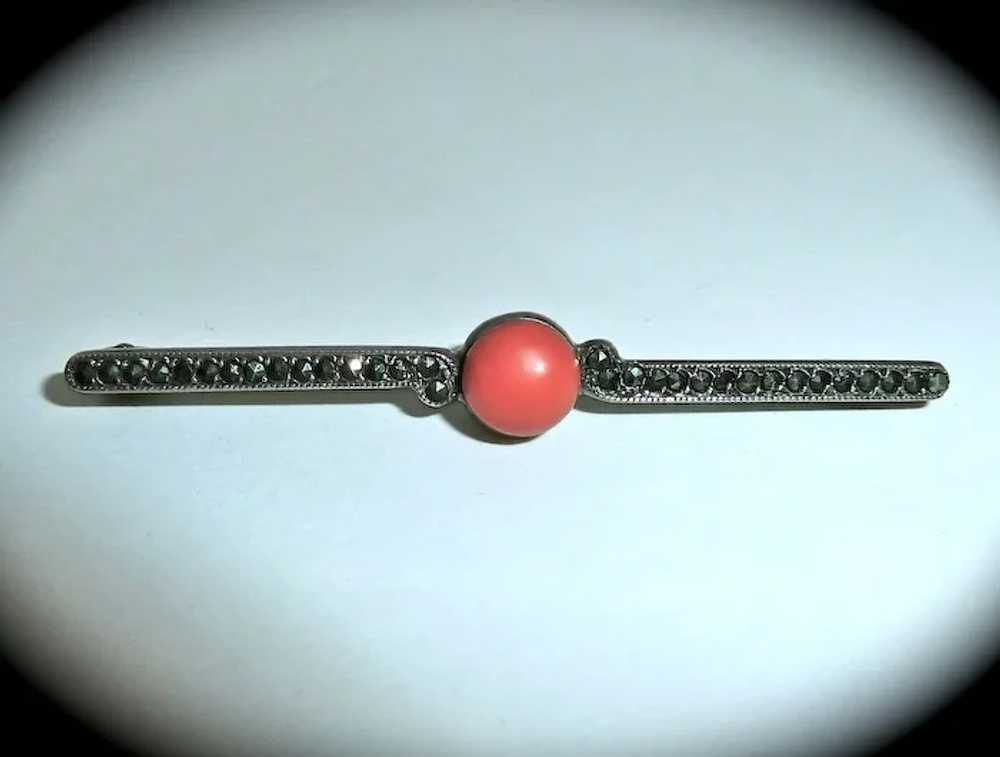 Art Deco 835 Silver Marcasite Coral Bar Pin - image 7