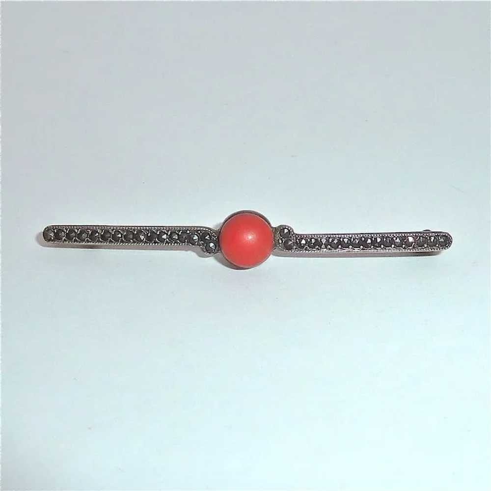 Art Deco 835 Silver Marcasite Coral Bar Pin - image 8