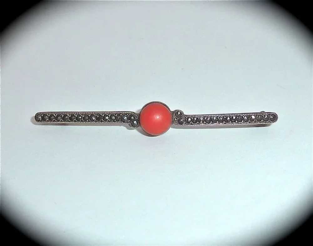 Art Deco 835 Silver Marcasite Coral Bar Pin - image 9