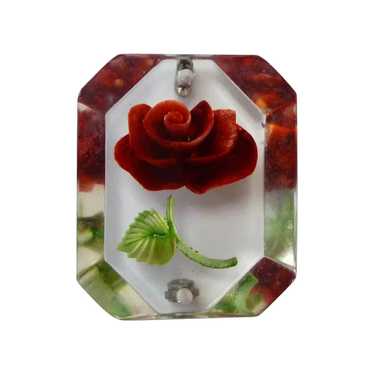 Reverse Carved Lucite Red Rose Pin c1950s - image 1