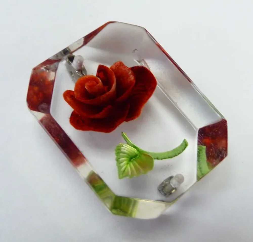 Reverse Carved Lucite Red Rose Pin c1950s - image 3