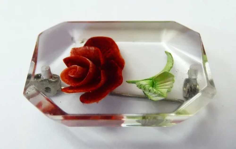 Reverse Carved Lucite Red Rose Pin c1950s - image 4