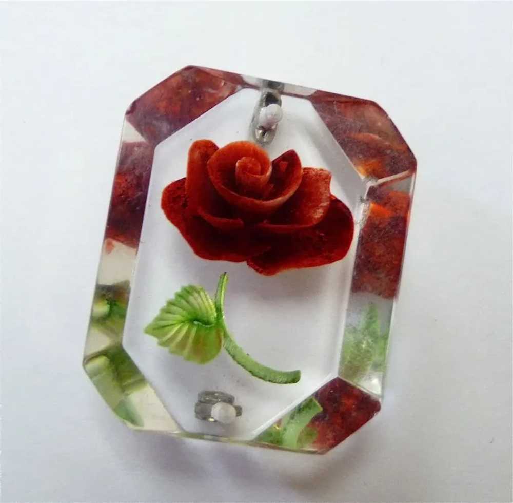 Reverse Carved Lucite Red Rose Pin c1950s - image 5