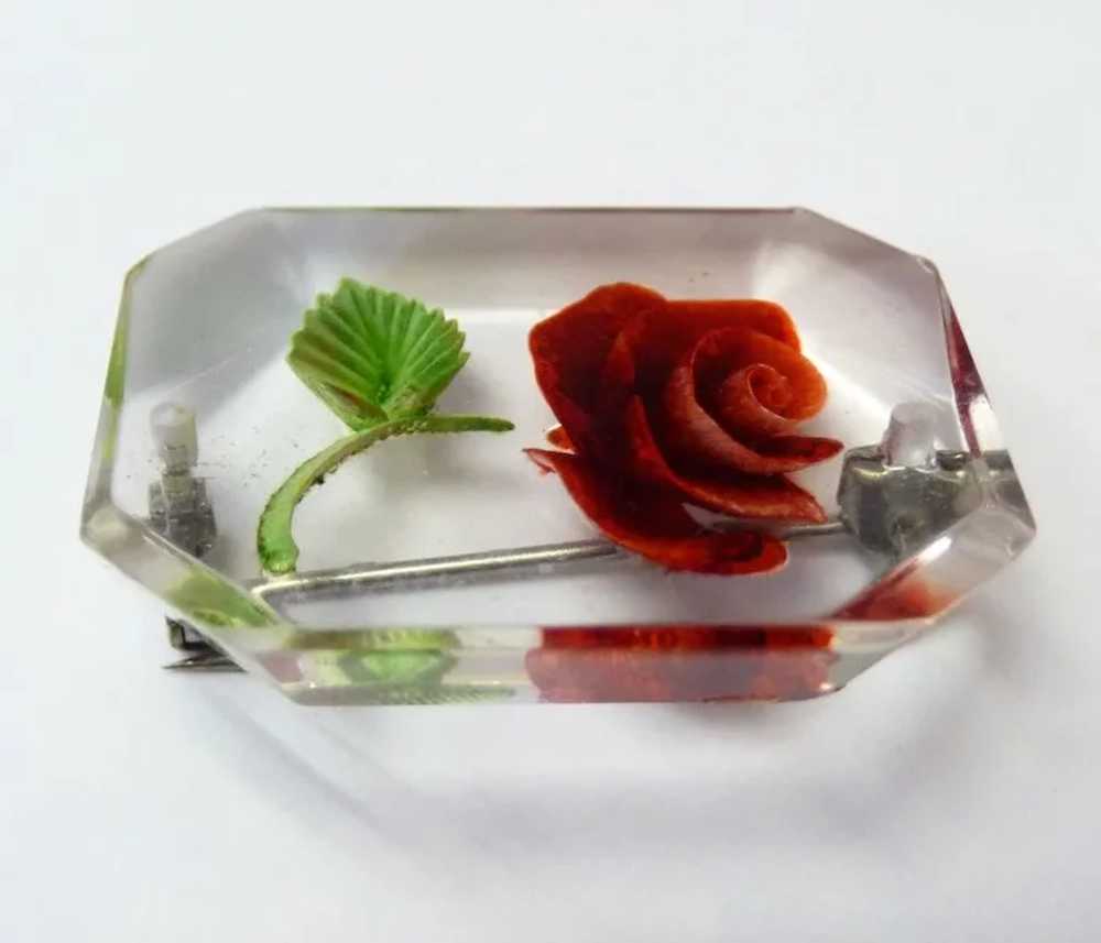 Reverse Carved Lucite Red Rose Pin c1950s - image 7