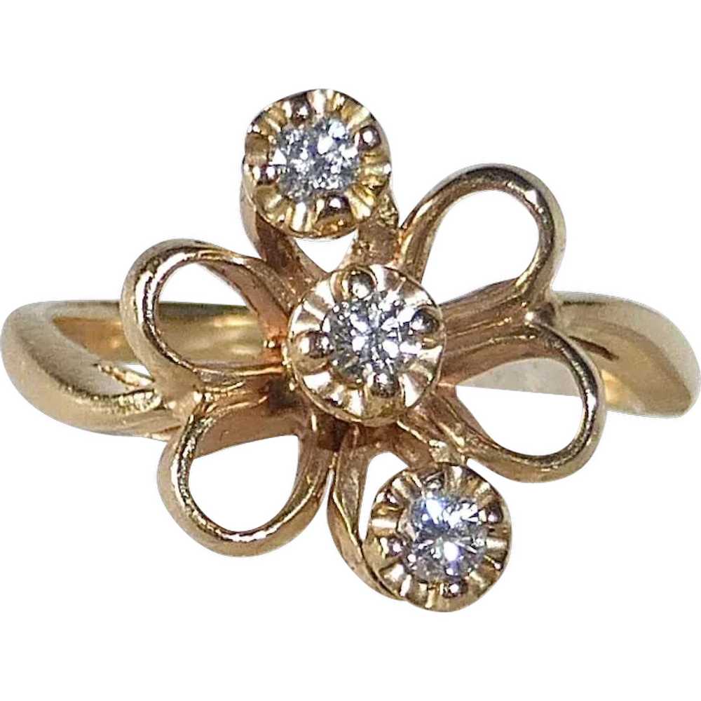 14k Yellow Gold Bow Ring 3 Diamonds - image 1