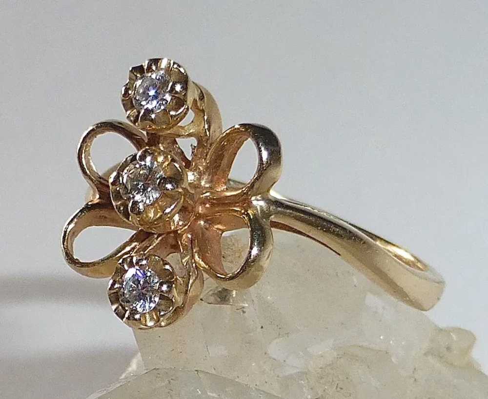 14k Yellow Gold Bow Ring 3 Diamonds - image 2