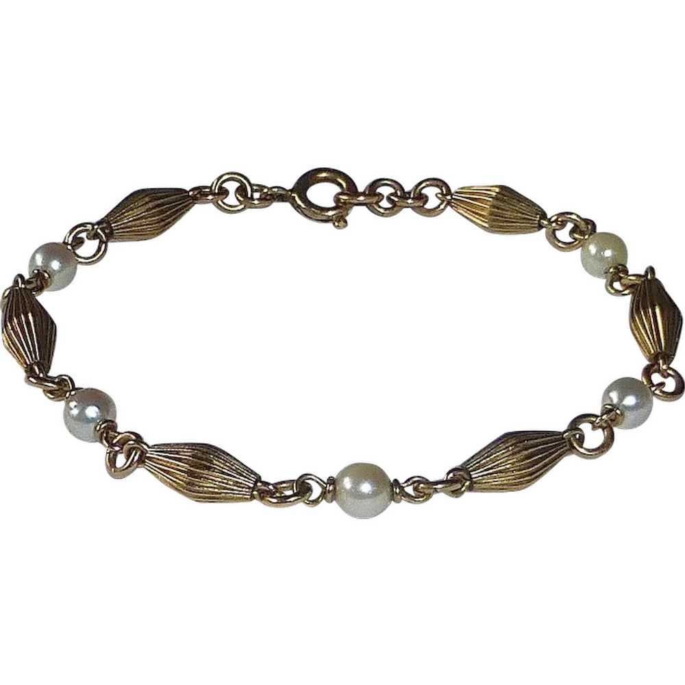 Gold Filled Fluted Bead & Cultured Pearl Bracelet - image 1