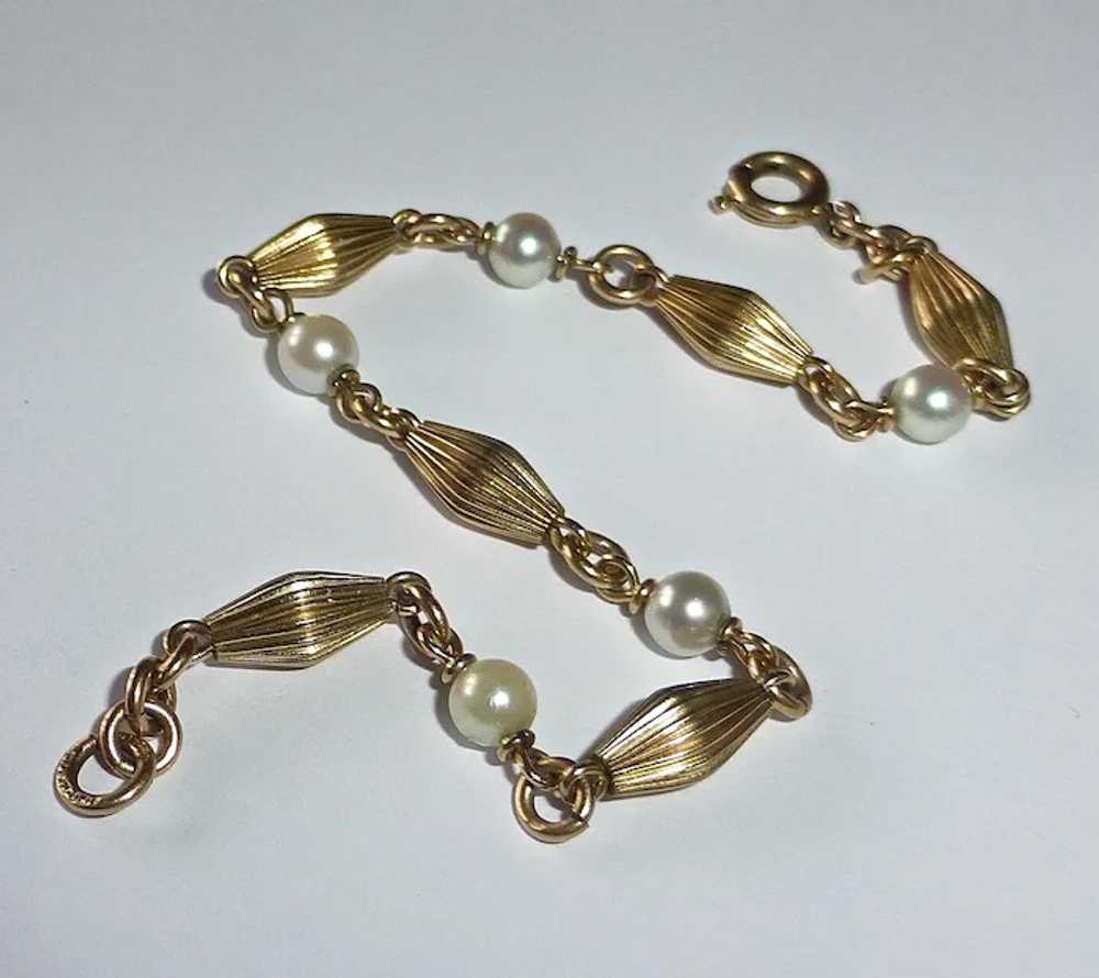 Gold Filled Fluted Bead & Cultured Pearl Bracelet - image 2
