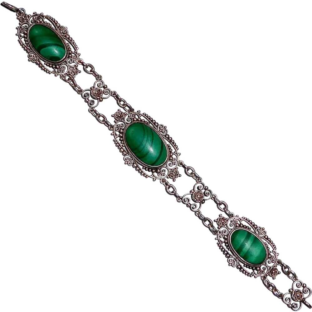 Sterling Filigree Bracelet w Three Malachite Cabo… - image 1