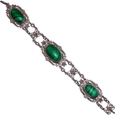 Sterling Filigree Bracelet w Three Malachite Cabo… - image 1