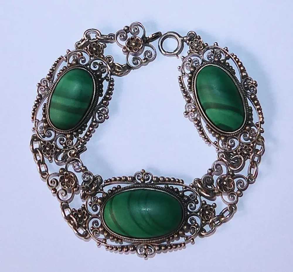 Sterling Filigree Bracelet w Three Malachite Cabo… - image 2