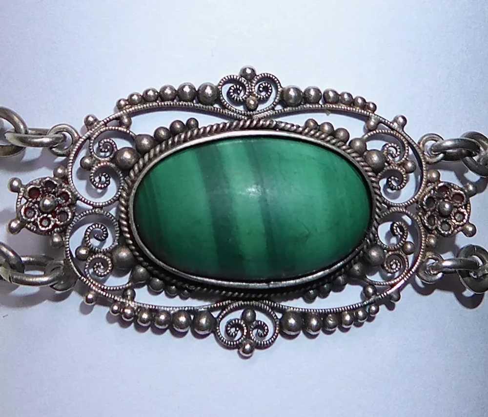 Sterling Filigree Bracelet w Three Malachite Cabo… - image 3