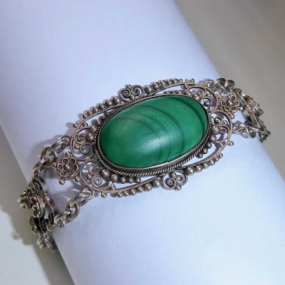 Sterling Filigree Bracelet w Three Malachite Cabo… - image 4
