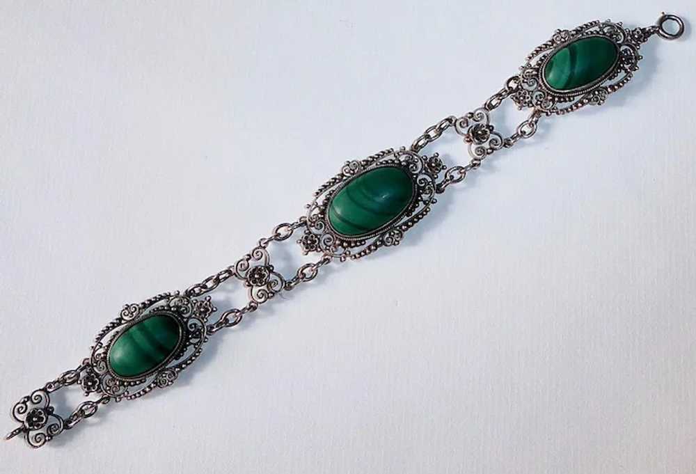 Sterling Filigree Bracelet w Three Malachite Cabo… - image 5