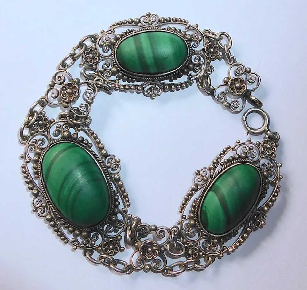 Sterling Filigree Bracelet w Three Malachite Cabo… - image 6