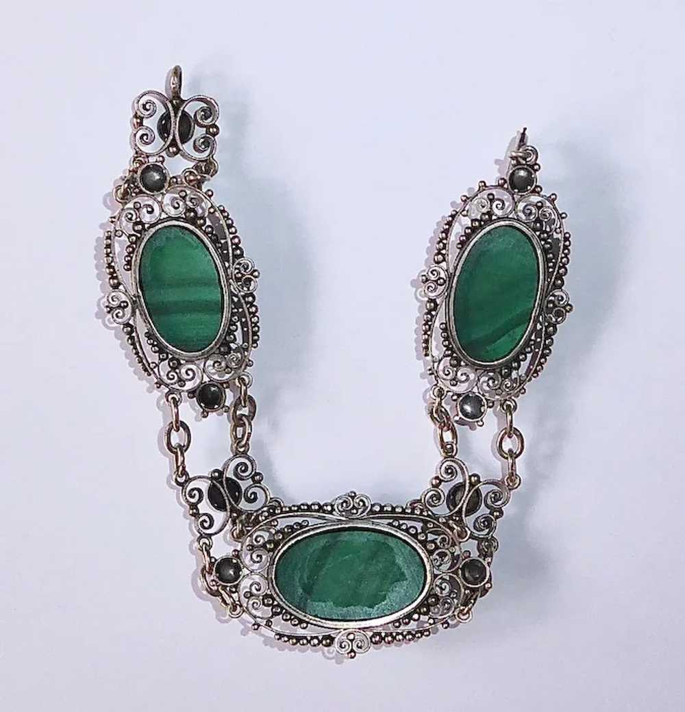 Sterling Filigree Bracelet w Three Malachite Cabo… - image 7
