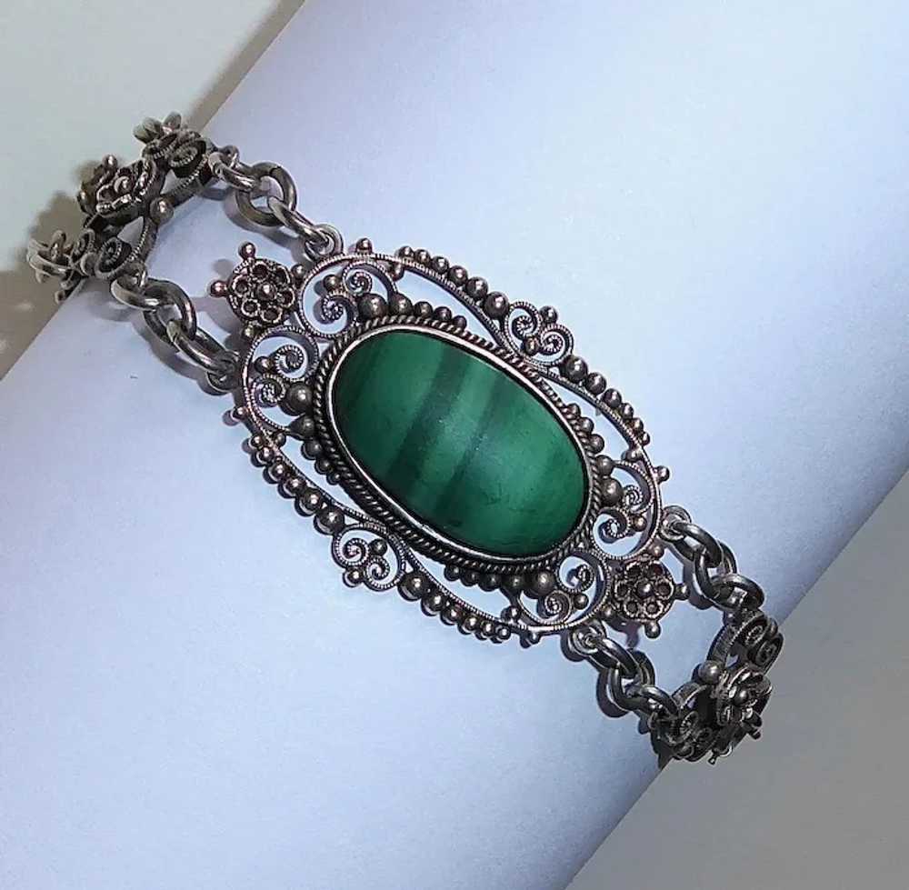 Sterling Filigree Bracelet w Three Malachite Cabo… - image 8