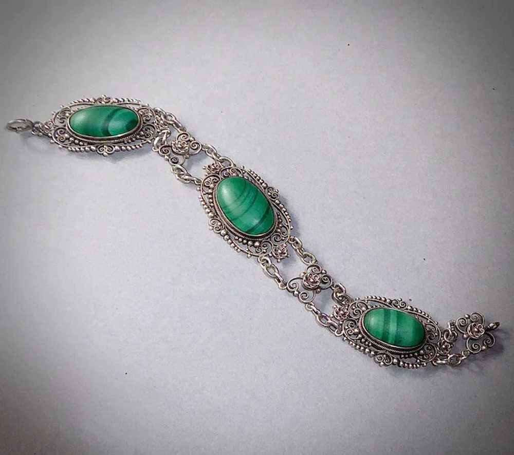 Sterling Filigree Bracelet w Three Malachite Cabo… - image 9