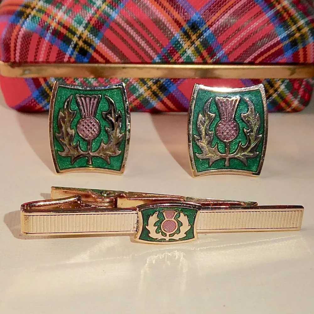 Irish Thistle Enamel Cufflink & Tie Bar Set by St… - image 2