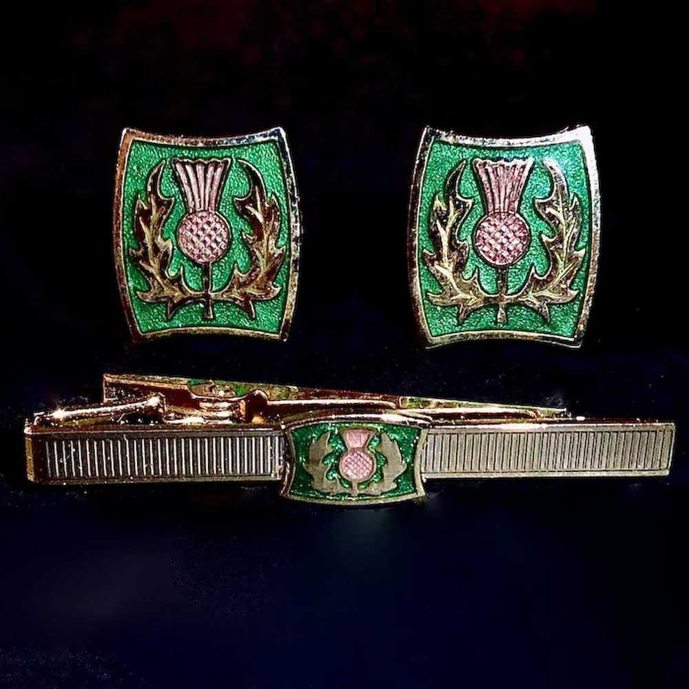 Irish Thistle Enamel Cufflink & Tie Bar Set by St… - image 9