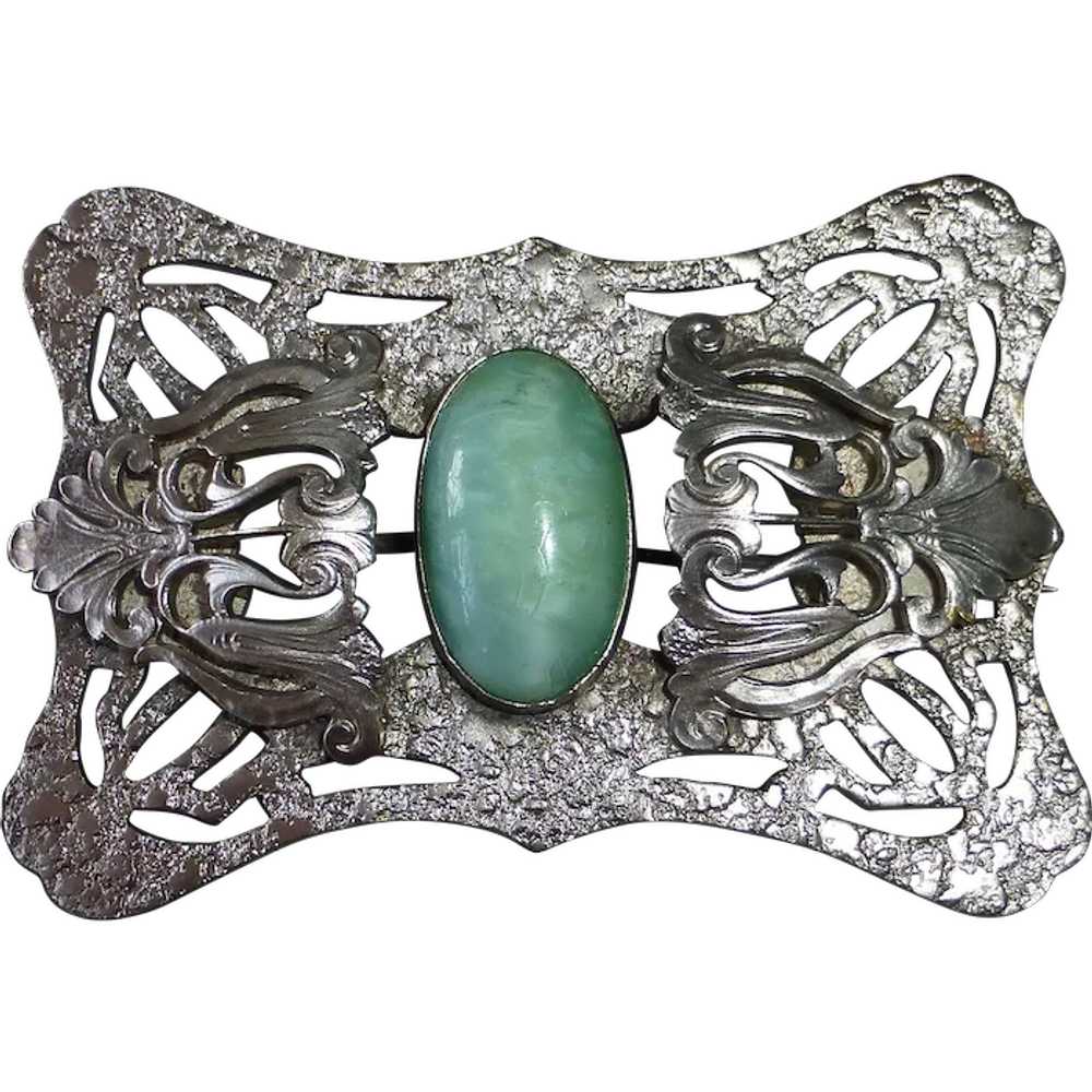 Art Nouveau Sash Ornament Brooch w Green Art Glas… - image 1