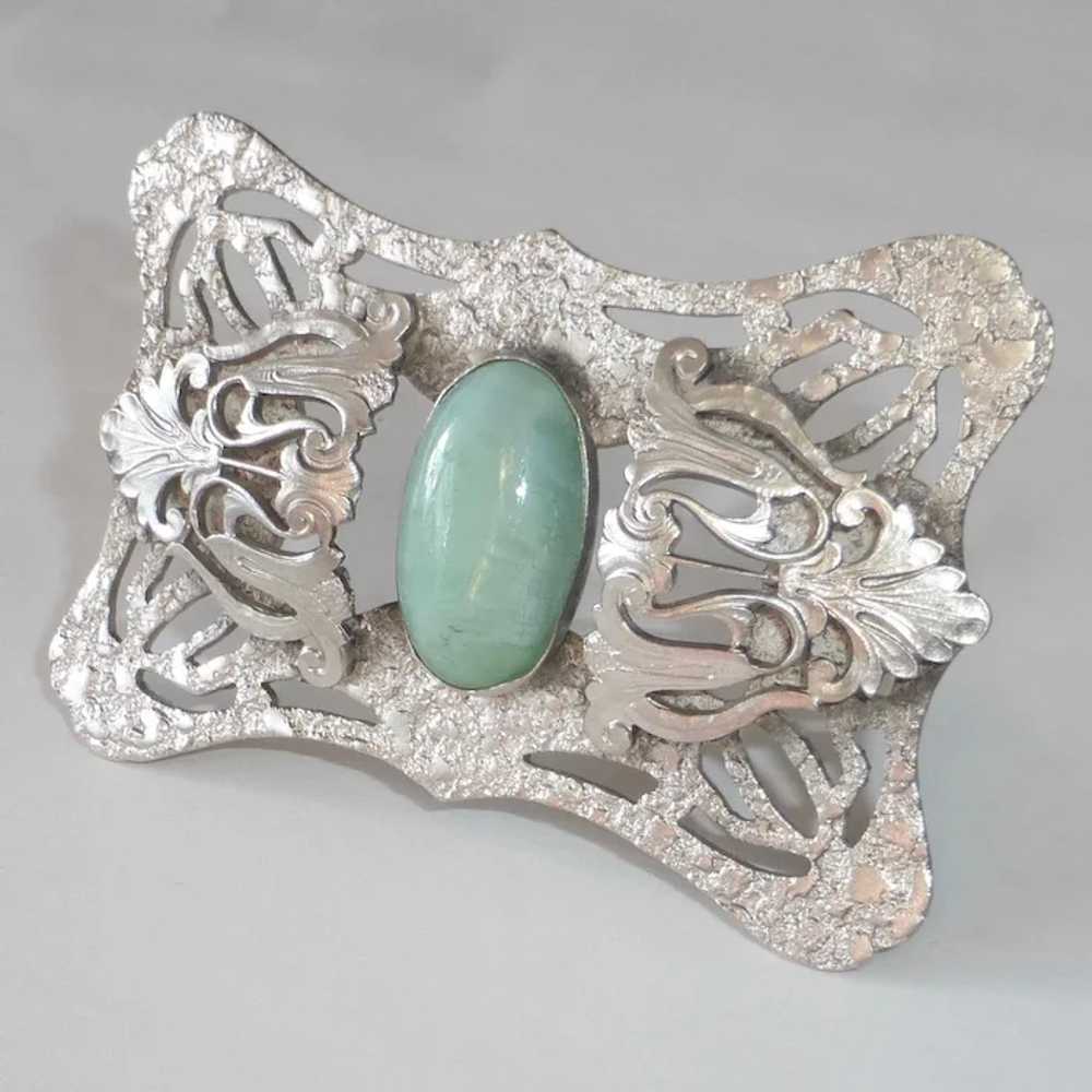 Art Nouveau Sash Ornament Brooch w Green Art Glas… - image 2