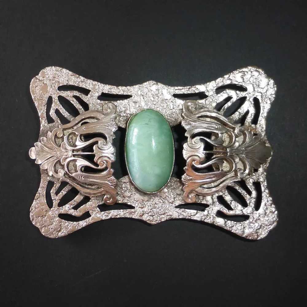 Art Nouveau Sash Ornament Brooch w Green Art Glas… - image 3